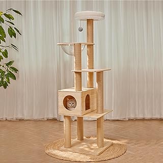 Moderner mehrstöckiger großer Echt-Massivholz-Katzenbaum, Luxus-Katzenturm aus Holz mit mehrschichtiger Plattform für Indoor-Katzen
