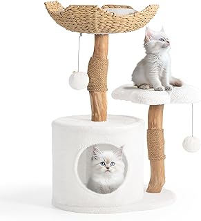 Easyego Moderner Kratzbaum Holz Katzenbaum Turm für kleine Katzen Luxus Katzenhaus mit Kratzstämmen und Blumenplattformen Katzenmöbel von Easyego (Weiß)