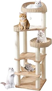 Kratzbaum aus Holz für Indoor-Katzen, 62 Zoll hoher Katzenturm mit Kratzbaum für große Katzen, Massivholz-Katzenhütte mit handgewebtem Korb, moderner Katzenbaumturm mit Hängematte, leicht zu