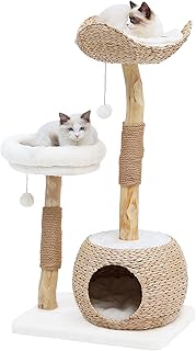 Katzenbaum Turm für Indoor Katzen, Modern Echt Holz Katzenhaus mit Kratzbaum, Sprungplattformen, Hängender Spielzeugball für Multi-Katzen-Haushalte