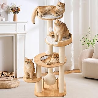 797Audio Moderner Kratzbaum aus massivem Holz, 124,5 cm hoch, mit Sisal-Kratzstämmen für große Katzen, luxuriöser Katzenturm aus natürlicher Eiche, ästhetischer mehrstöckiger Katzenkletterbaum für